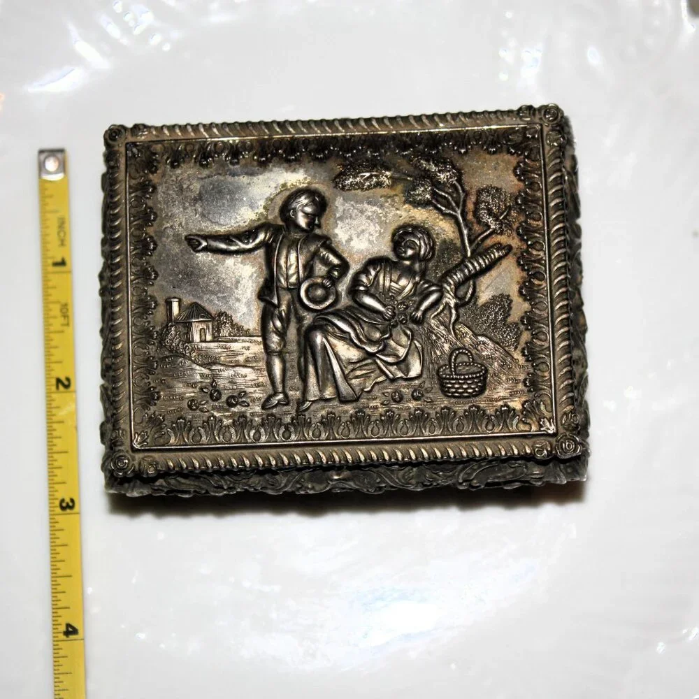 Vintage Japan Silver Jewelry Box Romantic Repoussé Trinket Case with Red Velvet